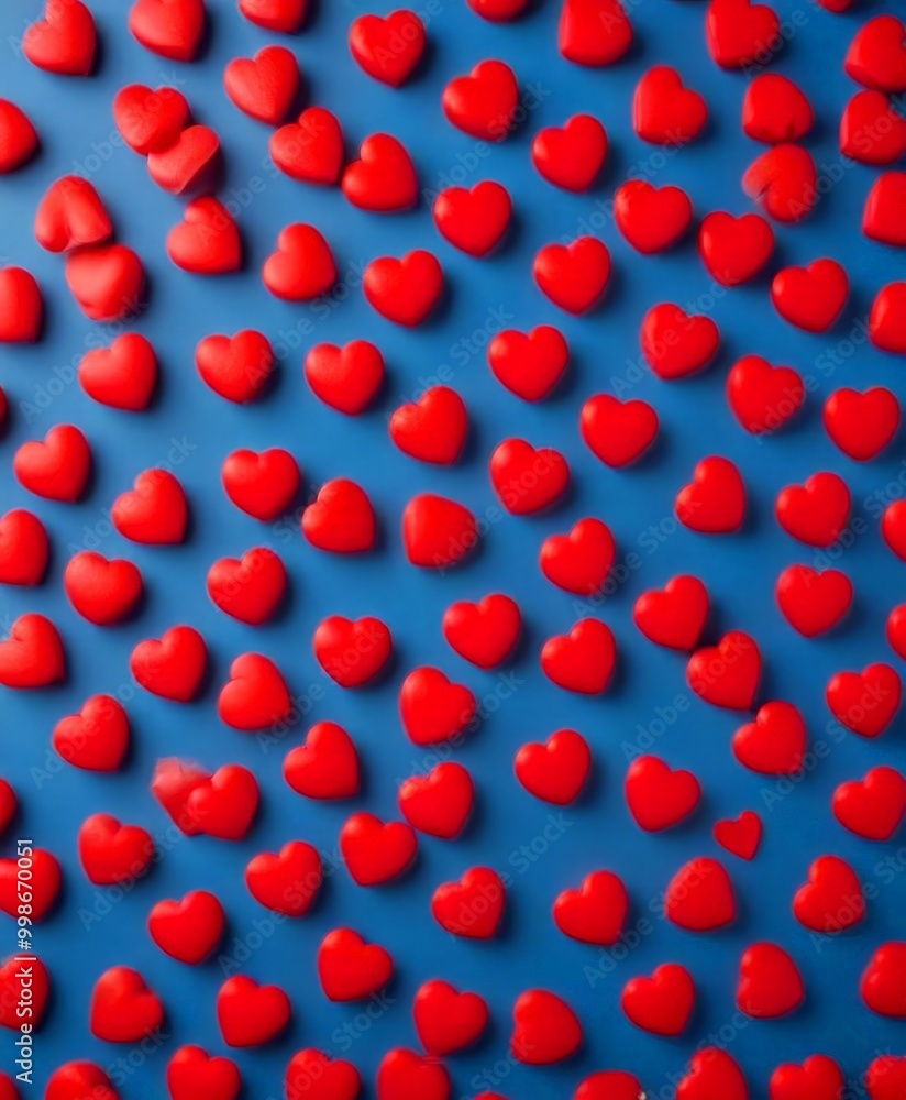 Poster A grid of red heart-shaped objects is arranged diagonally across a blue background