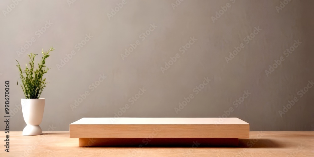 Aufkleber a minimalist wooden table with a white vase of greenery stands against a gray wall, creating a seren