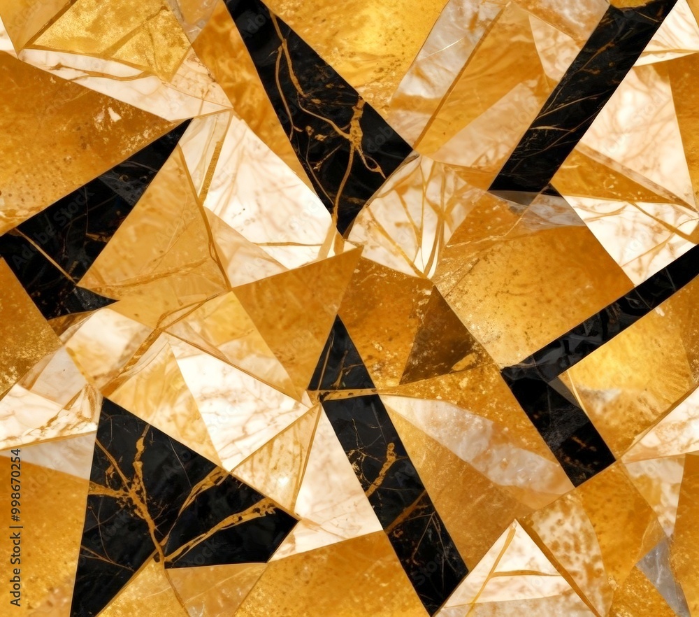 Poster a mosaic of overlapping triangular shapes in varying shades of gold and black, creating a visually striking and abstract pattern