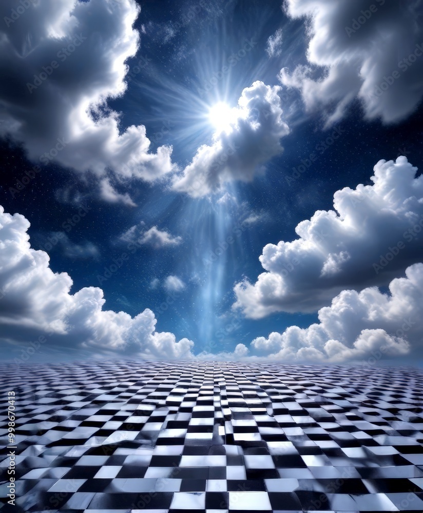 Poster a surreal landscape with a checkerboard pattern of black and white squares, set against a backdrop s