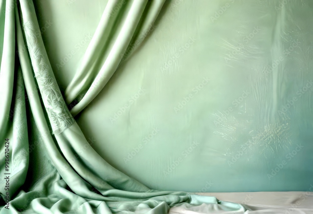 Poster a draped light green curtain with a floral pattern is partially open, revealing a white surface belo