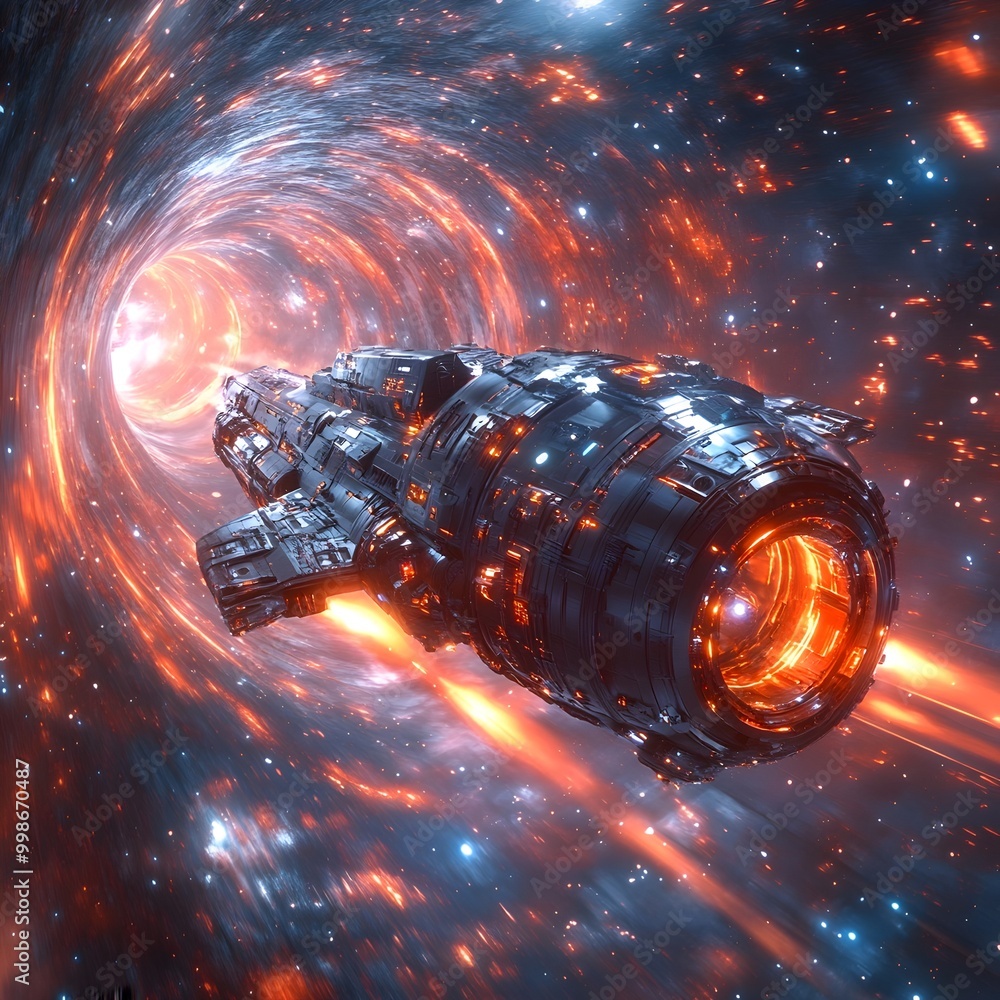 Poster vertical spaceship traversing through cosmic wormhole vortex