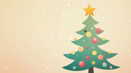 Festive christmas tree with colorful ornaments and a gold star stands in falling snow, creating a cozy winter scene perfect for holiday projects. Ideal for greeting cards, banners, and more