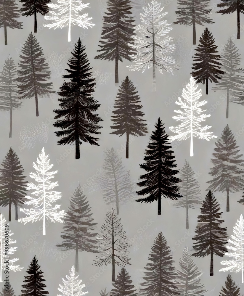 Aufkleber a repeating pattern of pine trees in various shades of gray and white against a light gray backgroun