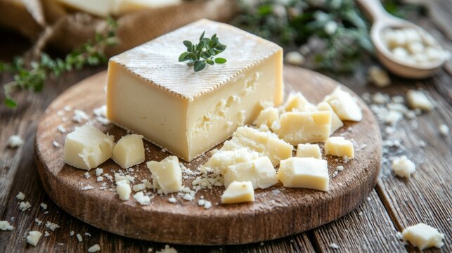 Close up of freshly cut block of cheese on a wooden cutting board, with herbs, ready for serving.