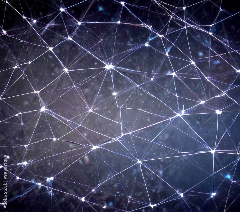 Aufkleber a complex network of interconnected lines and dots, resembling a spider web or a web of interconnected nodes, against a dark background