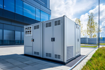 modern energy storage unit outside commercial building, showcasing innovation