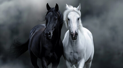 Black Horse and White Horse on Grey Smoke Background