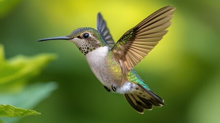Fototapeta premium A close-up of a hummingbird hovering in mid-air, its wings a blur and its iridescent feathers shimmering in the sunlight