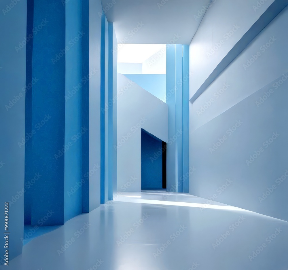 Leinwandbilder a minimalist architectural design with a long, narrow corridor featuring white walls, blue columns, 