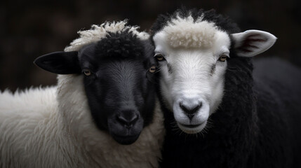 Fototapeta premium White Sheep with Black Head and Black Sheep with White Head