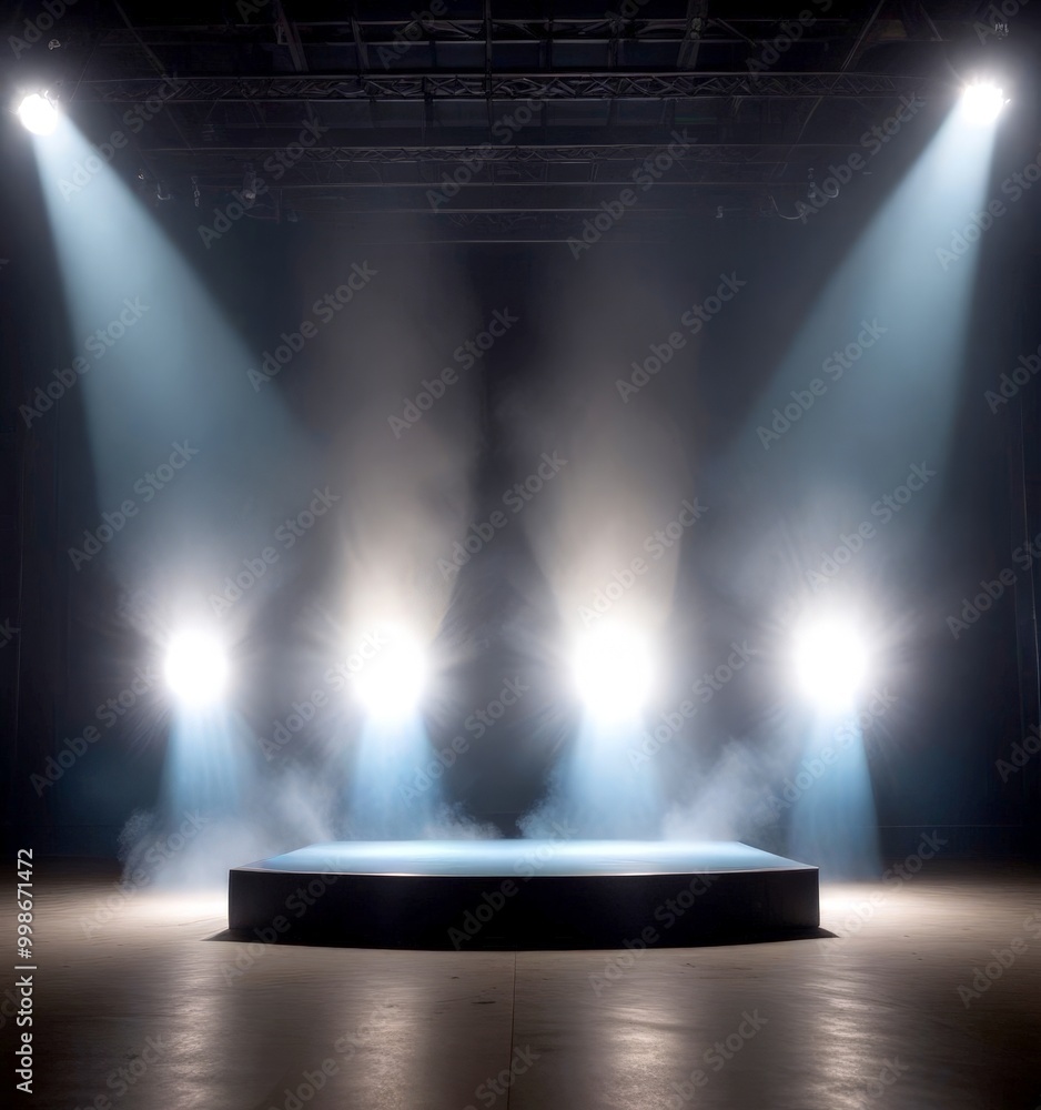 Poster a dimly lit stage with a circular platform, flanked by four spotlights, creating a dramatic and thea