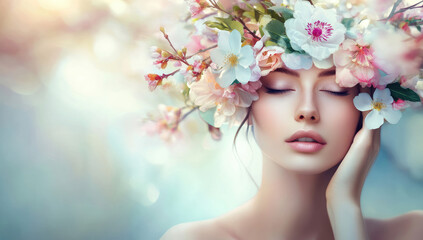 Fototapeta premium A beautiful woman with flowers growing out of her head, in soft pastel colors, with a blurred background