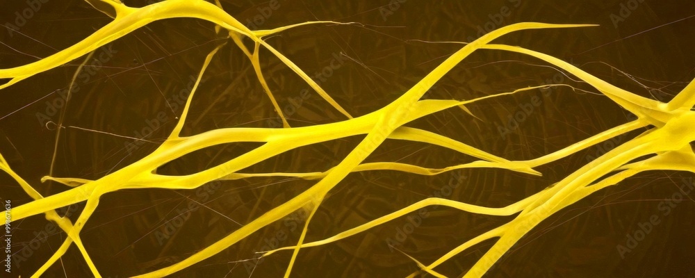 Aufkleber a close-up view complex network of yellow, curved lines against a dark brown background