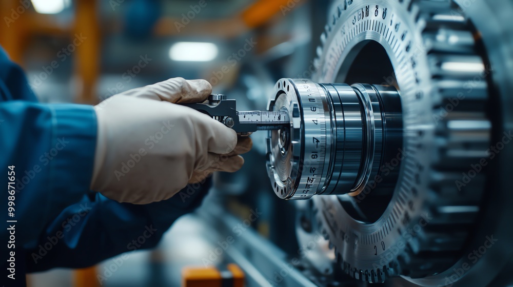 Poster a technician measures precision components with a caliper in a high-tech manufacturing facility, sho