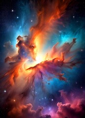 a vibrant and dynamic cosmic scene, featuring a swirling nebula with a mix of orange, blue, and purple hues, set against a backdrop starry night sky