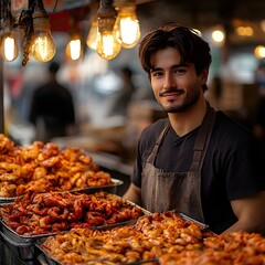 Street Food Vendor Preparing Delectable Dishes at a Bustling Market