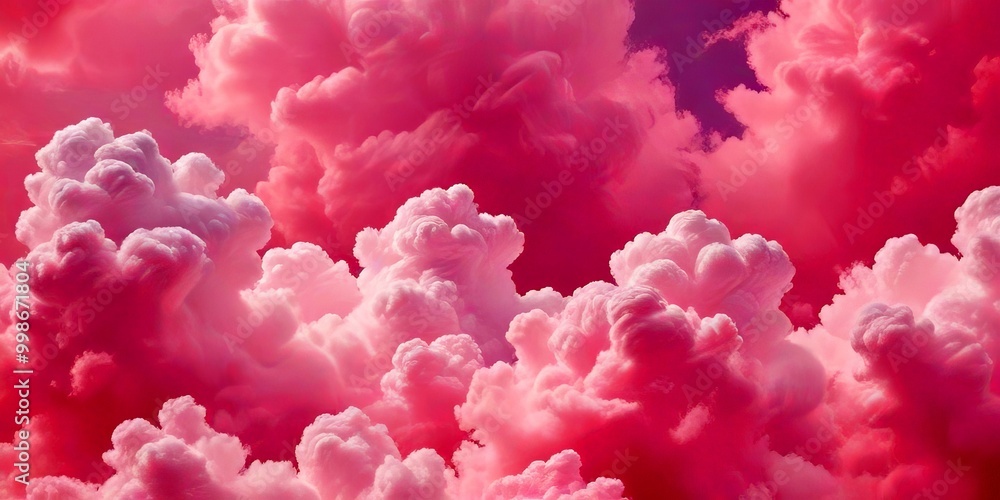 Poster a serene sky filled with fluffy white clouds, in a soft pink hue The clouds are scattered across the frame, creating a sense of depth and vastness The does not contain