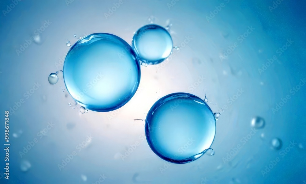 Poster Three transparent water droplets of varying sizes float in a light blue background, creating a sense of depth and movement