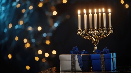 Menorah with Gifts and Bokeh Lights