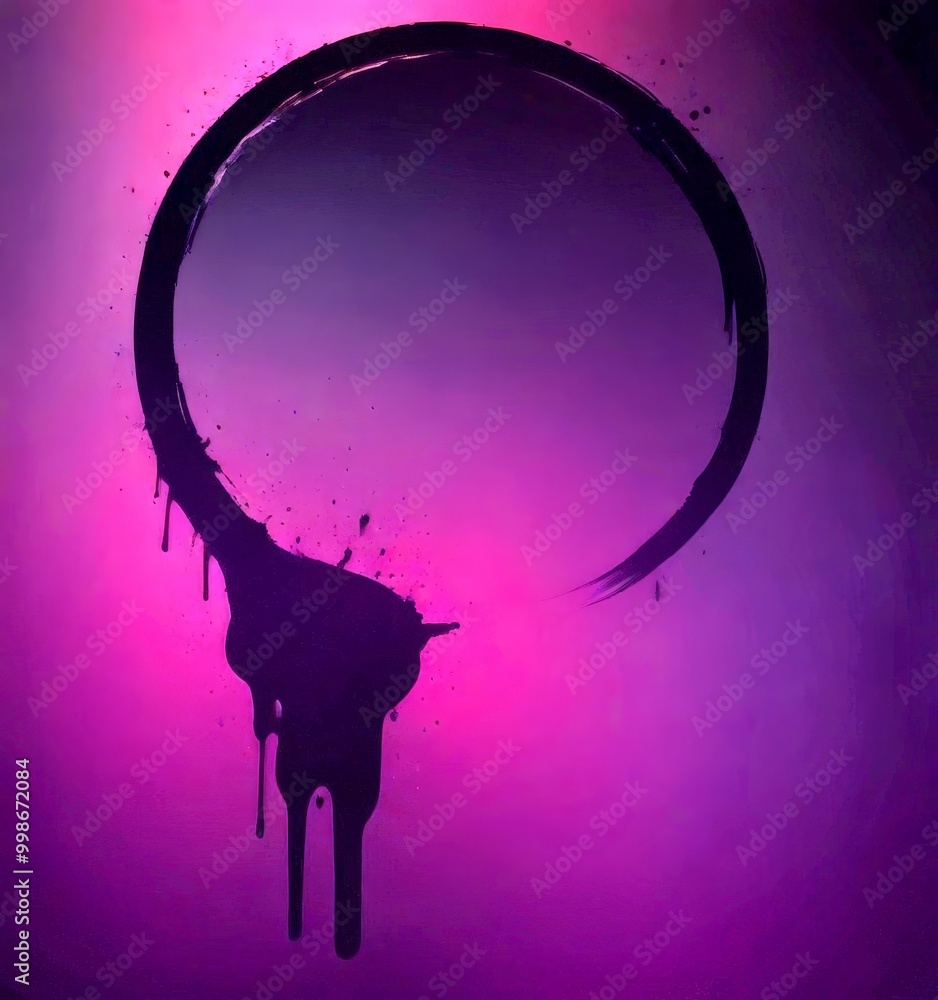 Poster a dark, abstract design with a large, circular shape in the center, resembling a dripping or dripping ink stroke The background is a gradient of purple and pink, creating a