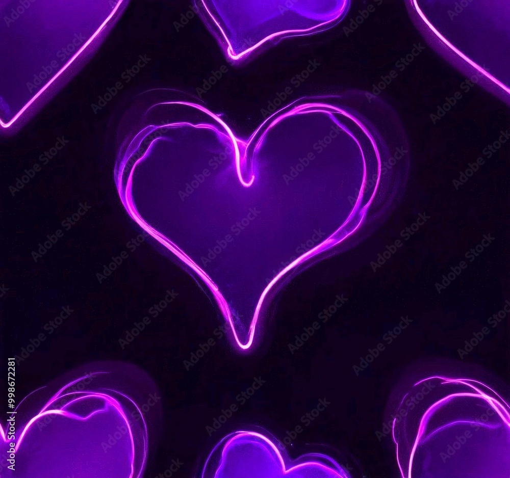 Poster a repeating pattern of purple hearts against a dark background
