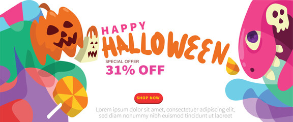 Cute Monsters, Scary Halloween Fun concept. abstract geometric liquid form. monster halloween with hand drawn banner template vector illustration.