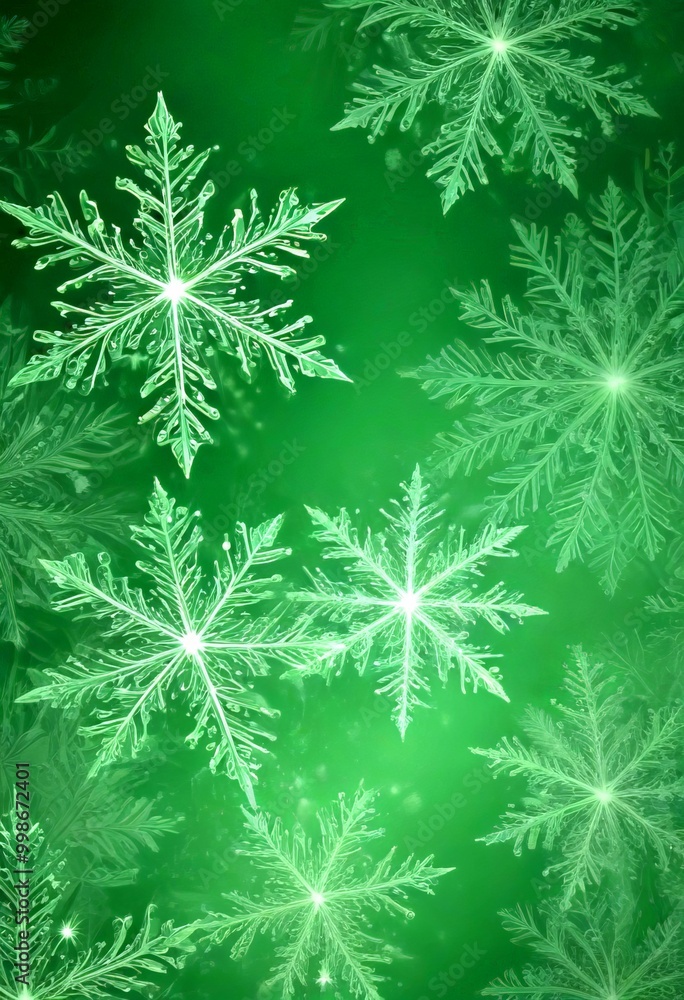Poster a collection of intricate, symmetrical snowflakes against a dark green background, creating a visually striking and serene winter scene