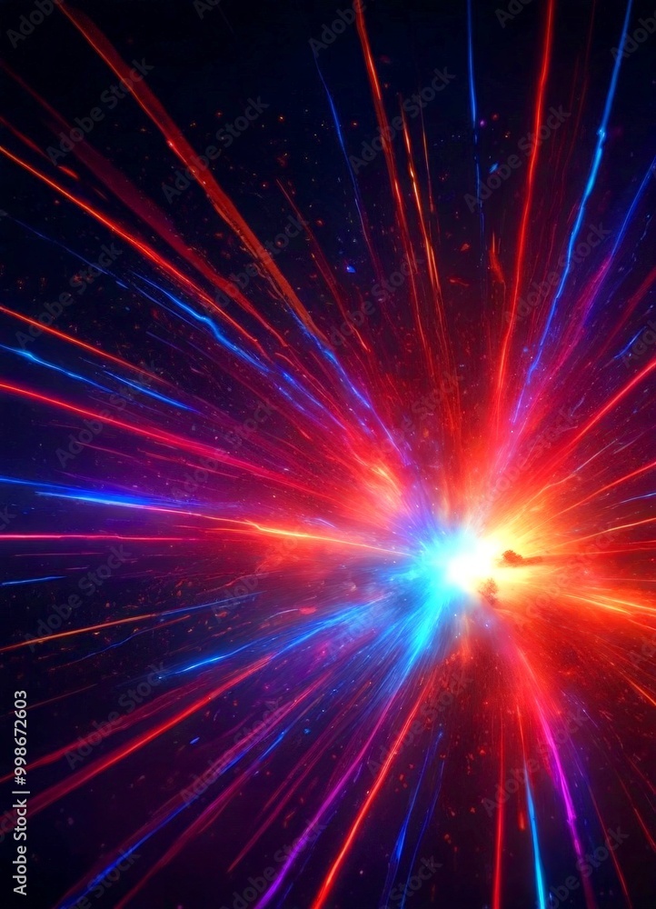 Aufkleber a vibrant burst of light and color, with red, blue, and orange hues radiating outward from a central