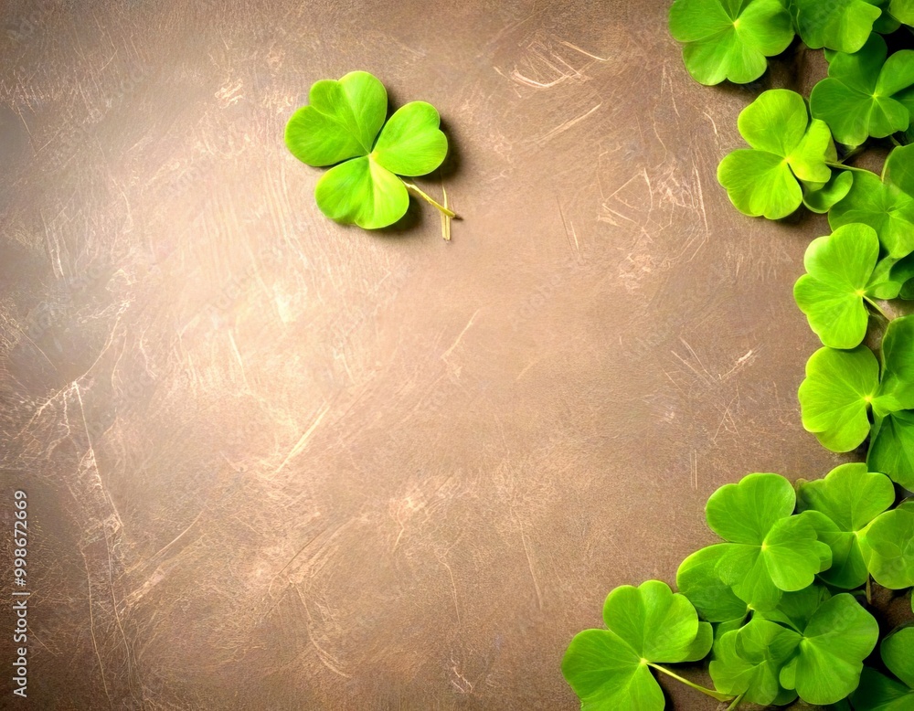 Poster a single clover leaf rests on a textured brown surface, surrounded by additional clover leaves