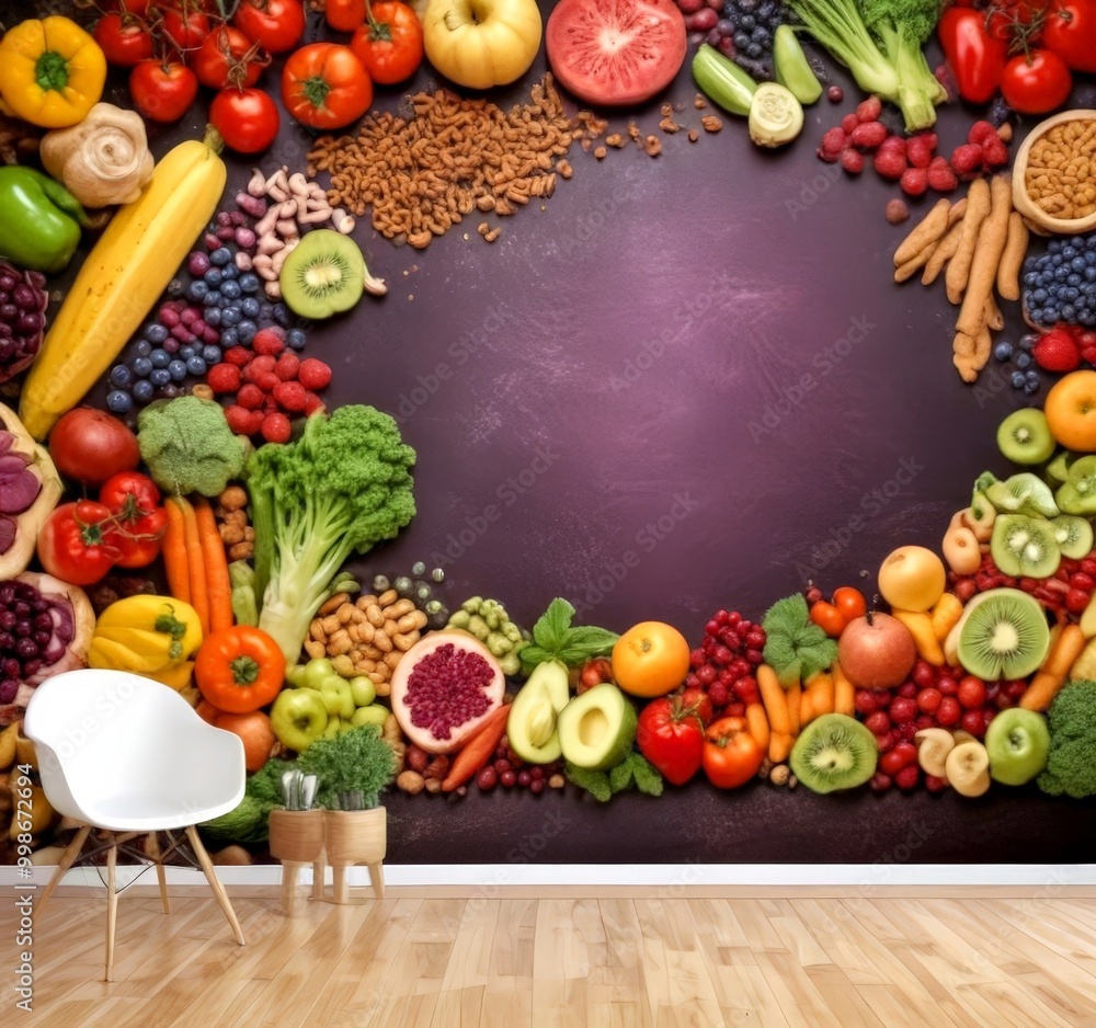 Poster A vibrant display of various fruits and vegetables arranged in a circular pattern on a dark purple background, with a white chair and potted plants in the foreground
