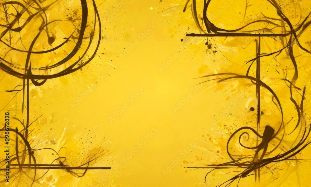 Poster an abstract composition with a yellow background and black lines and splatters the central focus is 