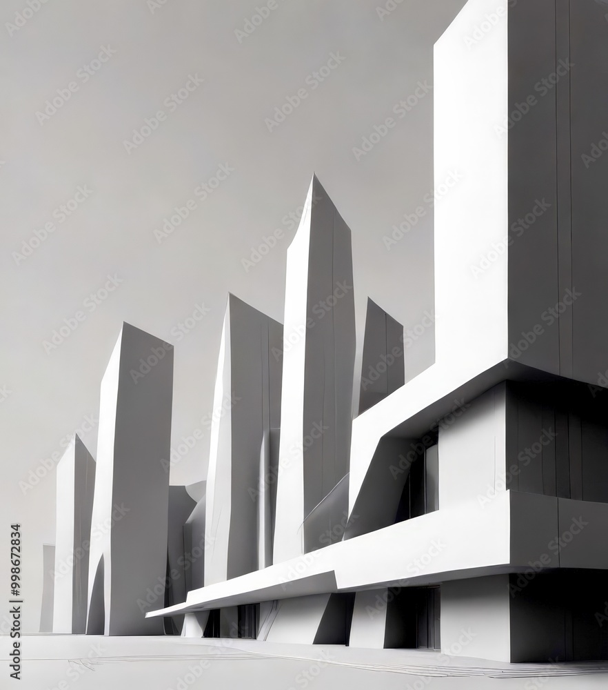 Fototapete a monochromatic architectural modern building, featuring a series of tall, angular structures with pointed tops and flat roofs