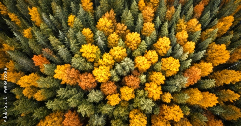 Poster Aerial view forest with trees displaying autumn colors