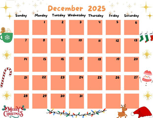 Calendar of December  2025 for Kid and childern so cute Orange Color