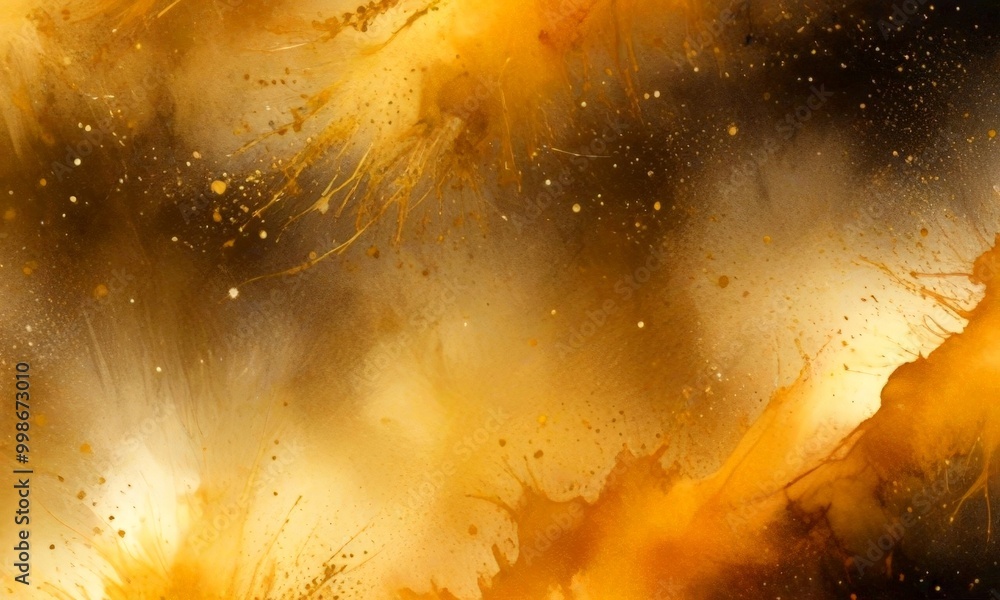 Poster an abstract painting featuring a dark background with splashes of yellow and orange, resembling a co