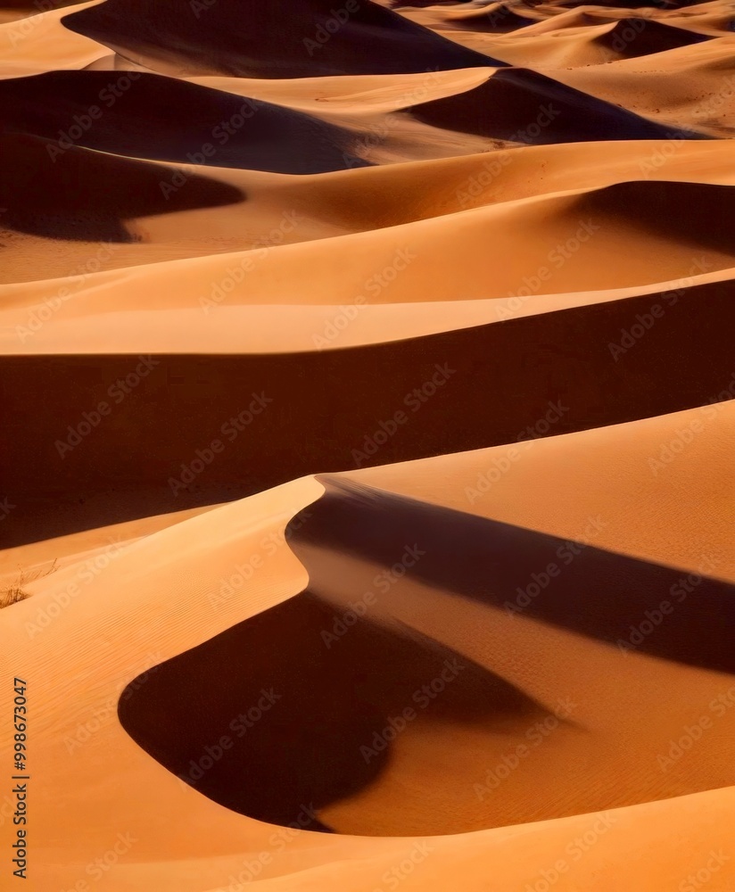 Poster a close-up view vast expanse of sand dunes in a desert environment, with the dunes exhibiting a ligh
