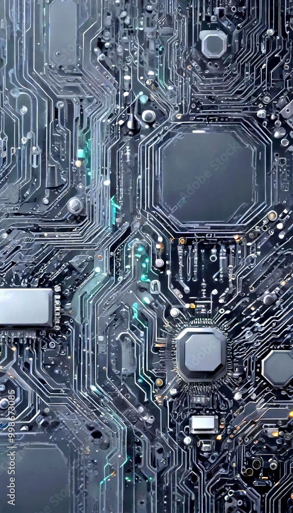 Poster a detailed view complex circuit board, showcasing a multitude of interconnected components and traces The circuit board is predominantly black,