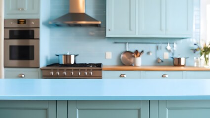 Blue Kitchen Countertop Mockup with Blurred Background