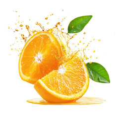 Fresh orange slices with splash and leaves