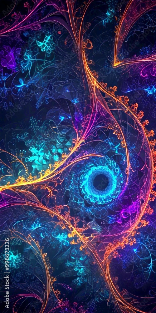 Poster a digital artwork featuring a spiral pattern with a central black hole surrounded by a vibrant array of colorful lines and shapes