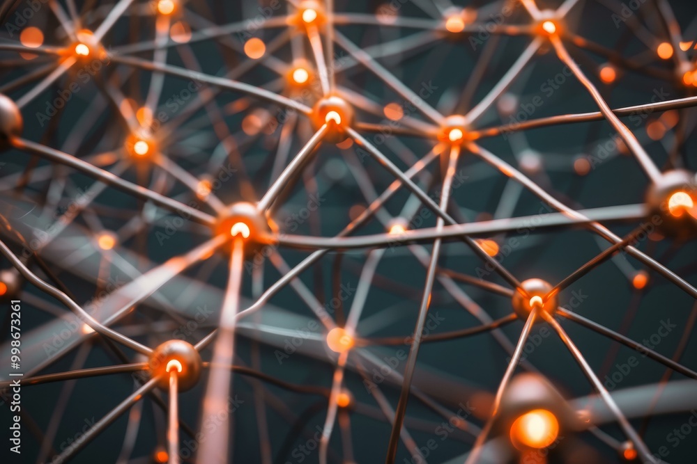 Poster complex network is communicating with glowing nodes and lines transmitting data