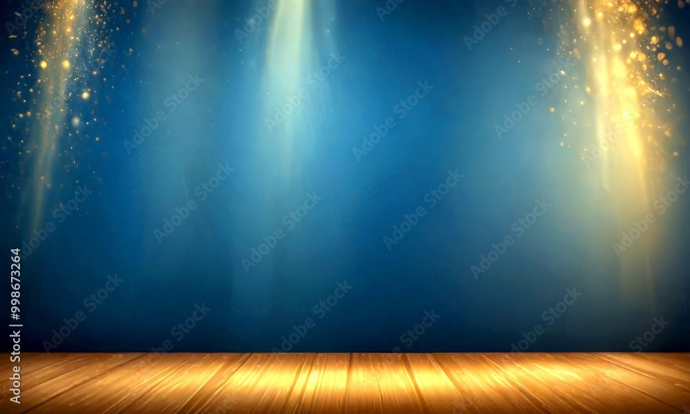 Poster a dark blue background with golden light rays shining down on a wooden stage, creating a dramatic an