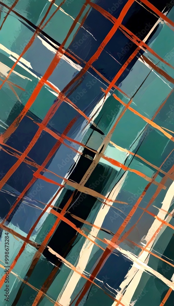 Leinwandbilder a vibrant abstract pattern composed of intersecting diagonal lines in various shades of blue, green, orange, and brown, creating a dynamic and visually striking composition