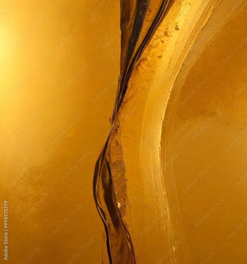 Poster Abstract painting with a golden color palette, featuring a vertical line and a horizontal line, creating a sense of movement and depth