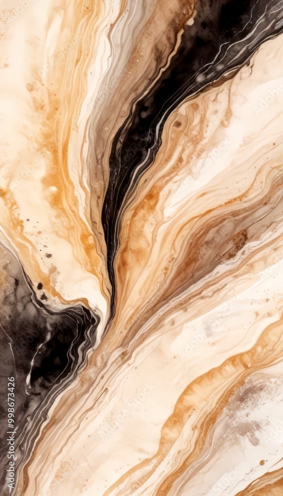 Poster a close-up view marble-like surface with a swirling pattern of brown, black, and white colors