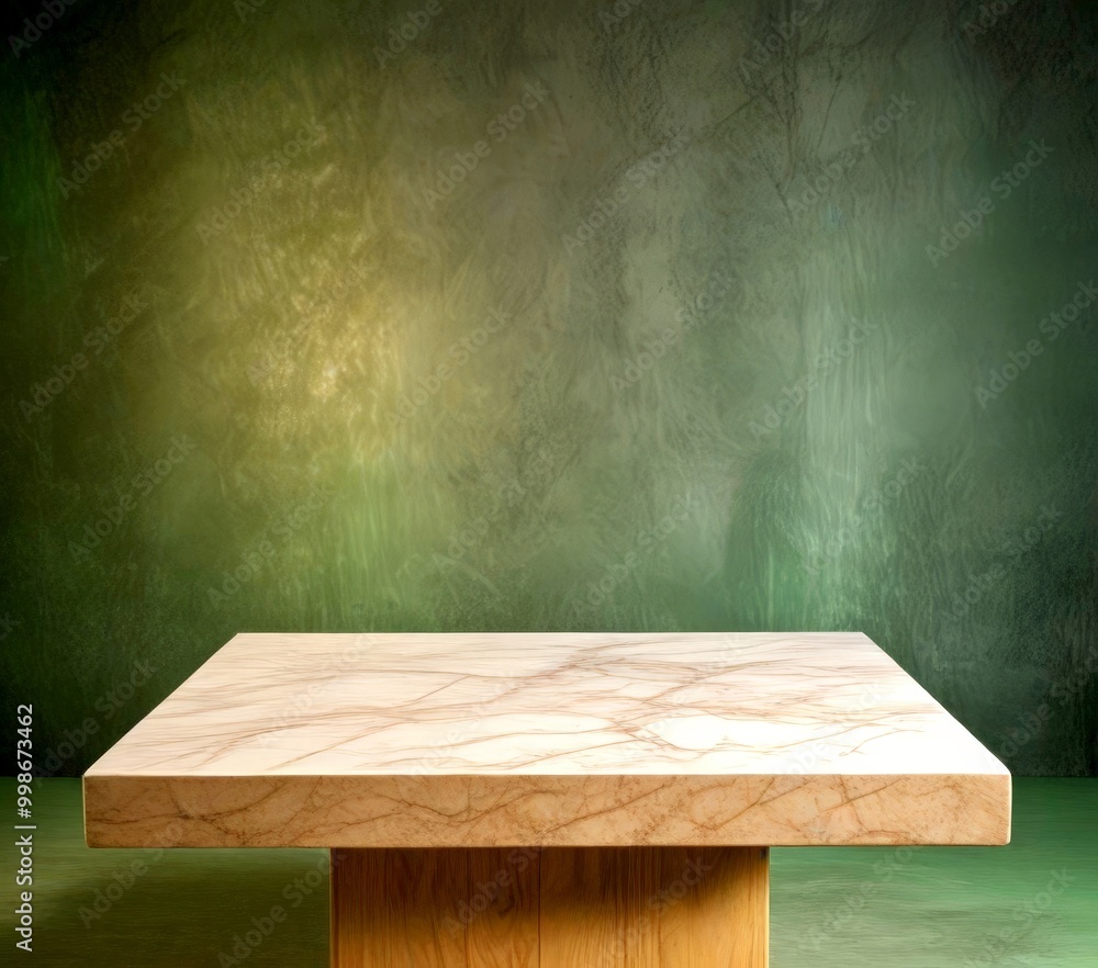 Poster a marble-topped table with a wooden base, set against a green wall with a textured pattern