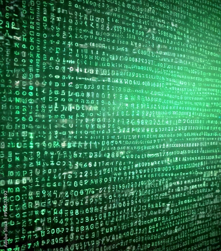Poster a close-up view computer screen displaying a dense array of green and black characters, resembling a digital data table or a complex code