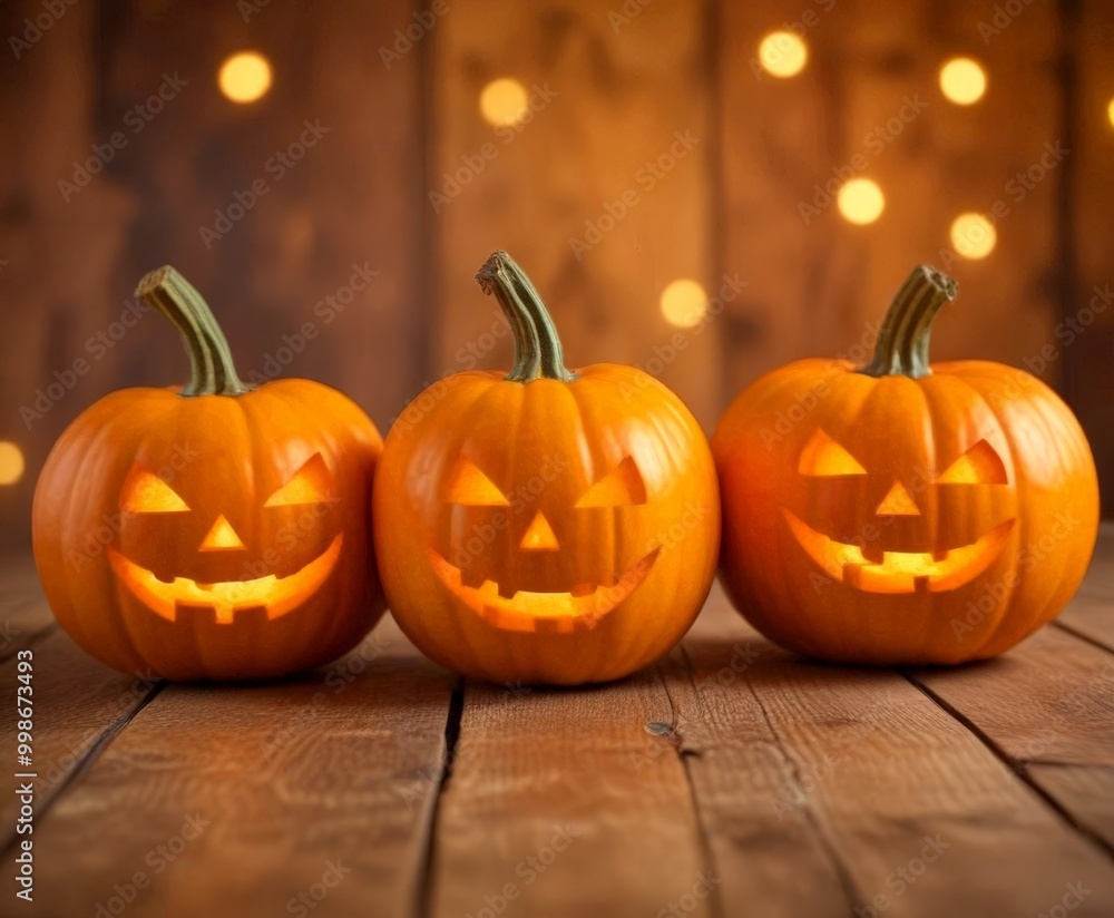 Poster three carved jack-o'-lanterns with smiling faces are arranged on a wooden surface, with a blurred ba