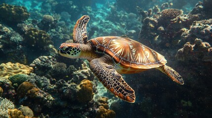 Fototapeta premium A sea turtle swimming gracefully through a coral reef, its large flippers moving slowly as it glides through the water 